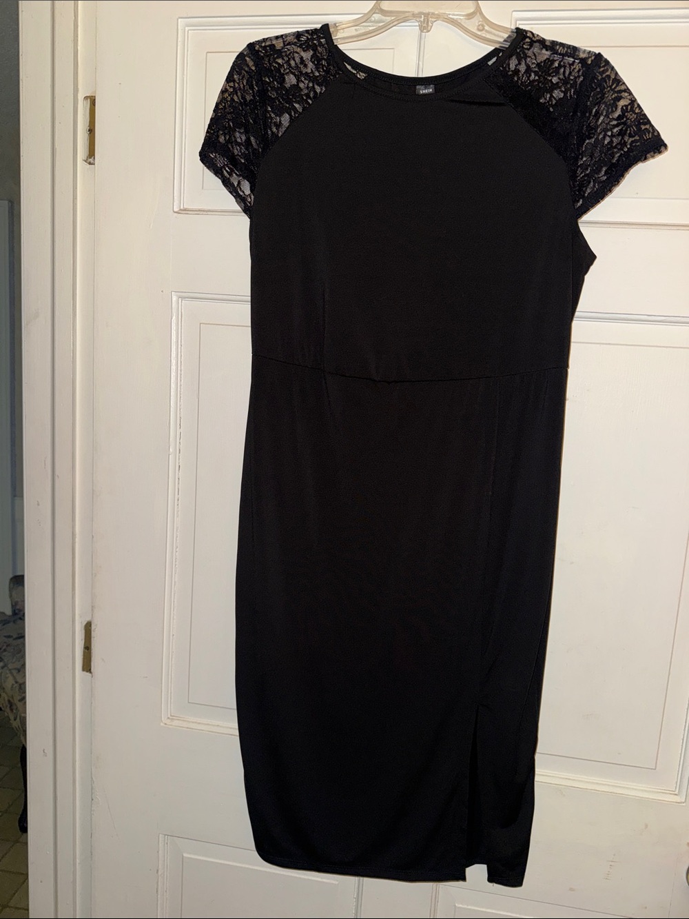 SHEIN Black Midi Dress with Lace Cap Sleeves